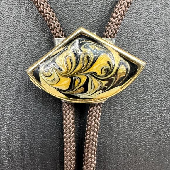 Vtg Unisex Bolo Tie Gold Tone Marbled Pendant Brown Braided Cord Adjustable Boho - Picture 2 of 9